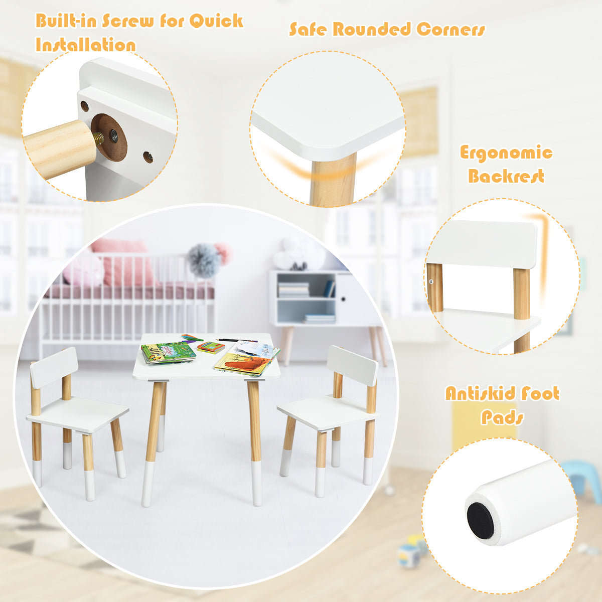 NNECW Kids Table and 2 Chairs Set with Pine Wood Legs for Playing & Learning & Eating-2